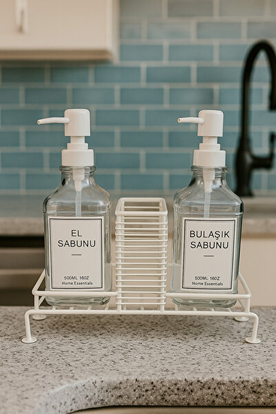 MAKRİ HOME Premium Stantlı Cam Sıvı Sabunluk & Deterjanlık Seti – İkili (Süng...