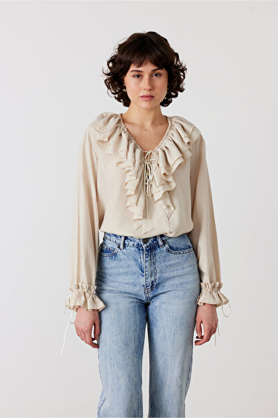 FACETTE Ženska bluza od ekrue boje sa vezanjem i volanima