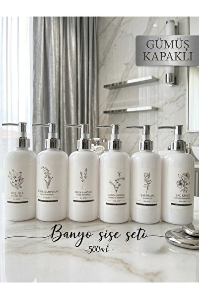 Dem Home 6'Li Silver Cap Bathroom Bottle Set White 500ml Plastic Soap Dispens...