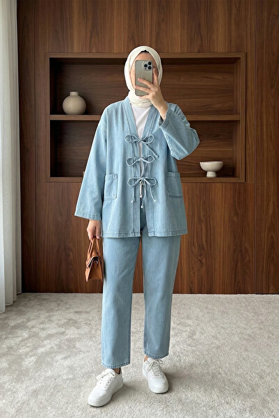 MODAQU Σετ Παντελόνι Κιμονό με Δέσιμο και Τζιν - Ανοιχτό μπλε