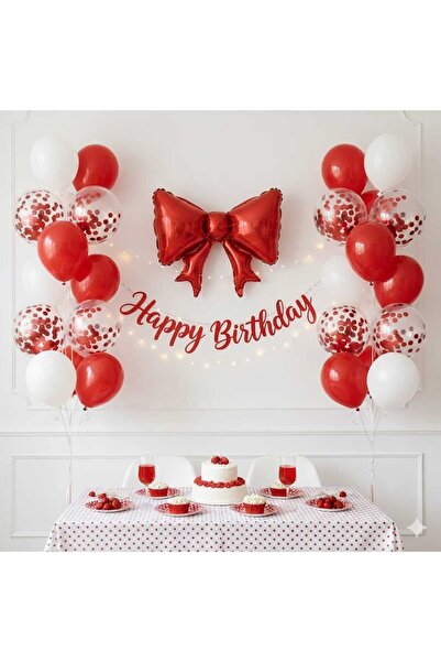 DÜVENCİ TİCARET kırmızı fiyonk folyo balonlu doğum günü balon set