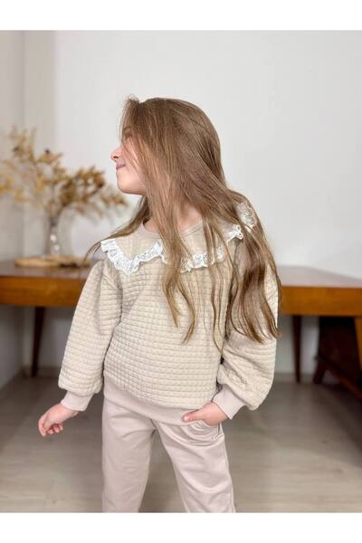 Huzeyfe Kids KIZ ÇOCUK DANTEL YAKA KAPİTONE TAKIM PAMUKLU