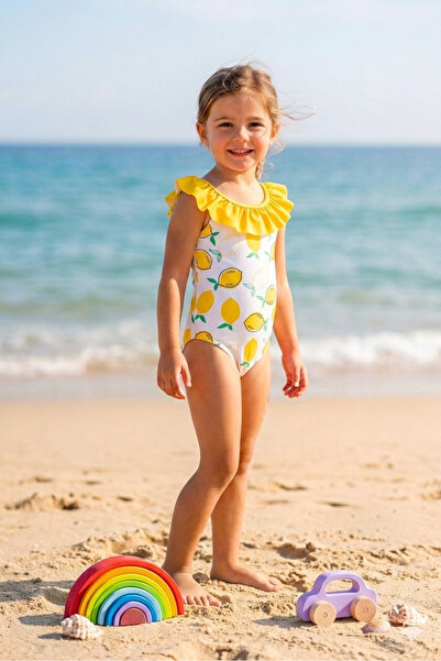 shop ملابس سباحة للفتيات مزينة بكشكشة وظهر متقاطع لون ليموني مطبوع أصفر سريع ...