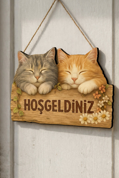 MARNELLO CONSEPT "Welcome" Written Wooden Mdf Retro Door Ornament - Cute Cats