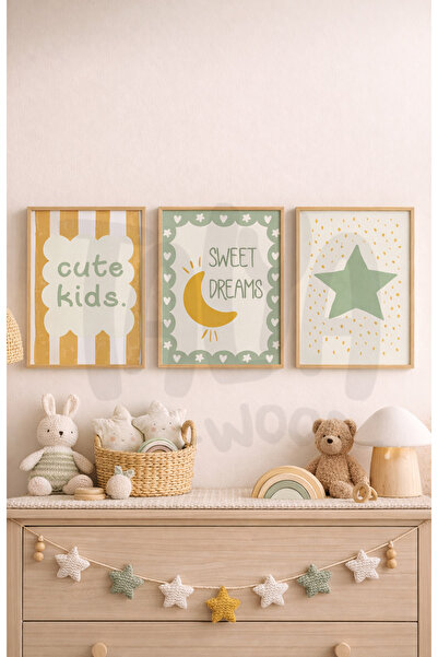 Talya Wood Ahşap Çerçeveli Çocuk Odası Poster Seti 30x40 – Cute /Dreams – 3’l...