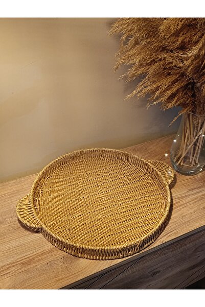 Paganca Hasır Rattan Sunum Tepsi Organizer Yuvarlak Geniş Boy