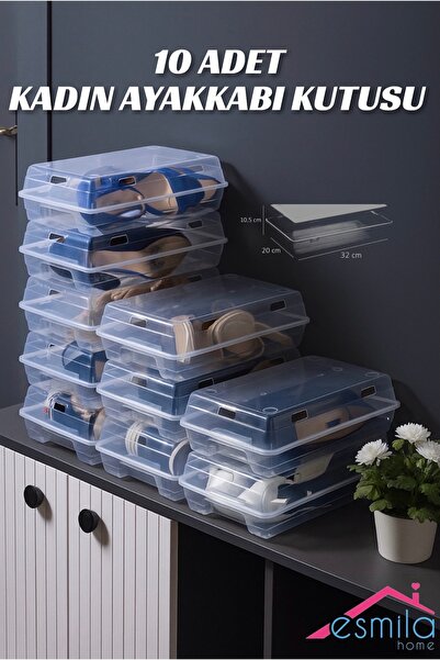 ESMİLA 10 Adet Kadın Ayakkabı Kutusu Şeffaf Ayakkabı Düzenleyici Organizer Ha...