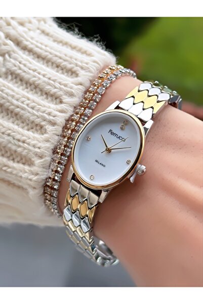 Ferrucci Gümüş Altın Çelik Kordon Su Geçirmez Garantili Kol Saati Bileklik He...