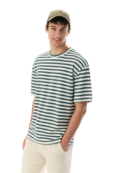 Mudo Erkek Yeşil Çizgili Oversize Bisiklet Yaka T-Shirt
