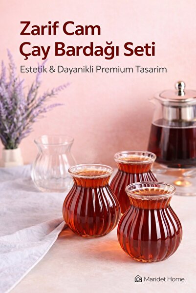 Maridet 6'lı Çizgili Kulpsuz Keyfi Ala Çay Bardağı Seti | Borosilikat Cam Bar...