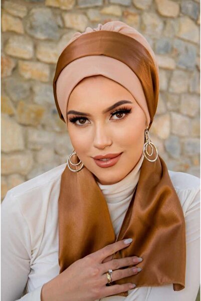 Aişe tesettür Boneta eșarfă din satin bej caramel