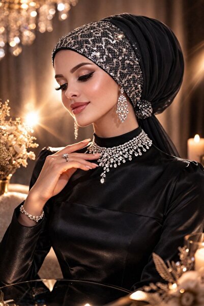 Aişe tesettür Μαύρο ανθρακί καπέλο με παγιέτες και αγκράφα