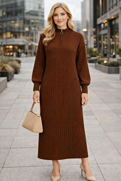 semela DÜZ KESİM FİTİLLİ FERMUAR DETAYLI UZUN ELBISE (130 cm )