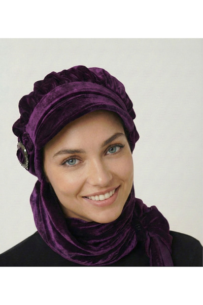 elysianfidan قبعة مخملية مع وشاح وتفاصيل مشبك، حجاب جاهز باللون الأرجواني، غط...