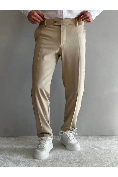 HAVANO Erkek Krem Regular Fit Duble Paça Kumaş Pantolon Günlük Şık Casual