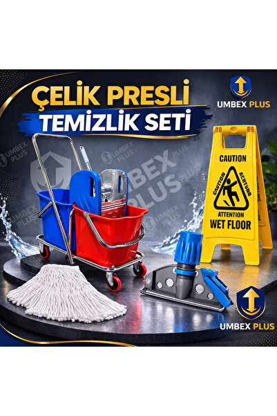 UMBEX PLUS UMBEX Çift Kovalı Paspas Arabası Krom Çelik Presli Temizlik Arabas...