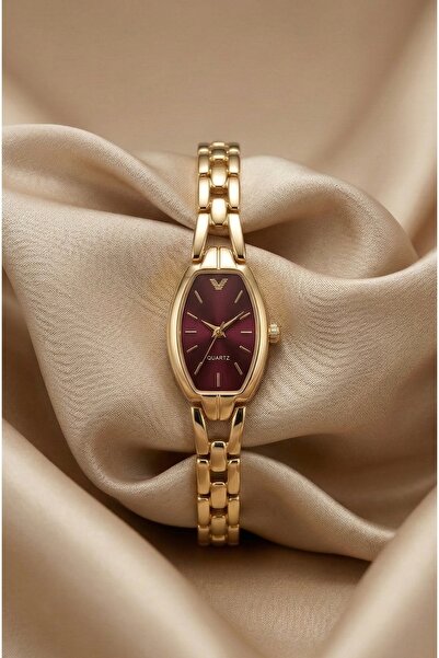 KLISHE Butik Kadın Saat Çelik Saat Gold Renk Bordo Kadran Vintage Zarif Şık O...