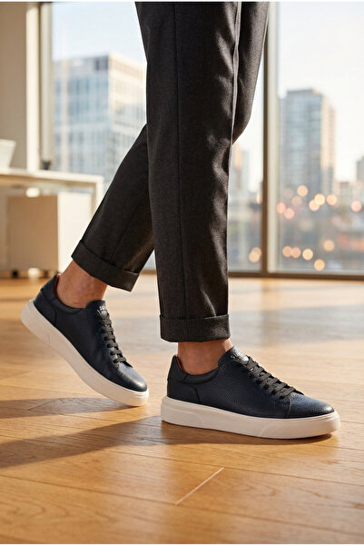 Lufian حذاء تومي للرجال باللون الأزرق الداكن جلد حذاء رياضي ذو نعل مريح