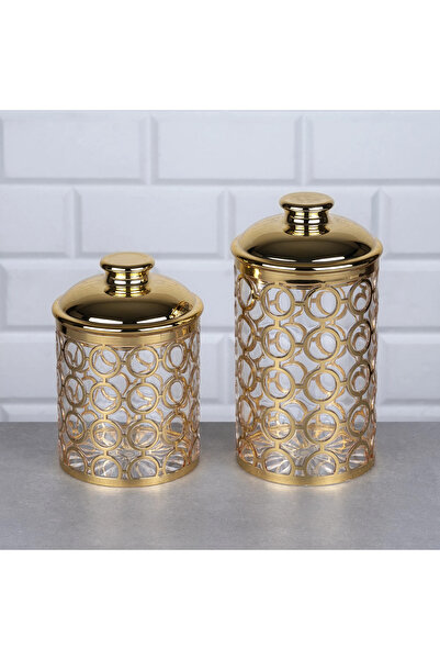 Hinora Akrilik Gold Kapaklı Halkalı Bakliyat Kabı Kavanoz Seti 13x10cm-18x10cm