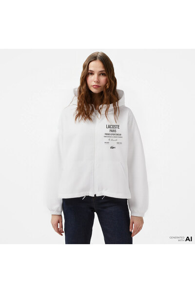 Lacoste Cropped Up Zip Kadın Beyaz Hoodie