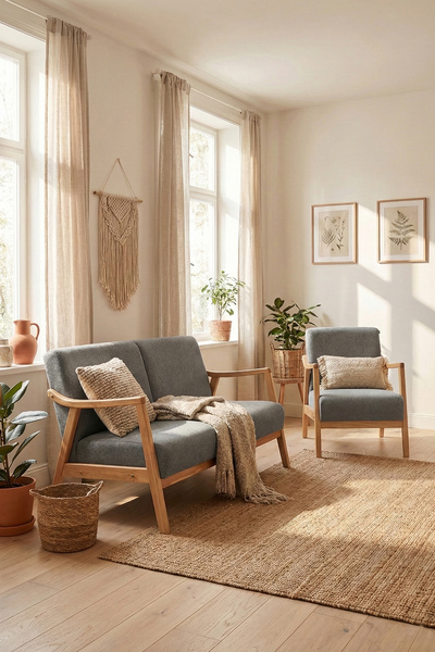 Zem Favela Bohem Çay Seti Natürel Ahşap, Gri (1 ADET İKİLİ BERJER 1 ADET TEKL...