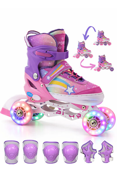 Sportaj Yıldız Gökkuşağı Işıklı Kız Çocuk Pateni ve Dizlik Seti Silikon Teker...