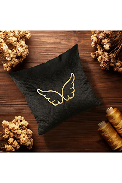 harmony factory Embroidered Velvet Cushion Cover Angel Wings Black Embroidere...