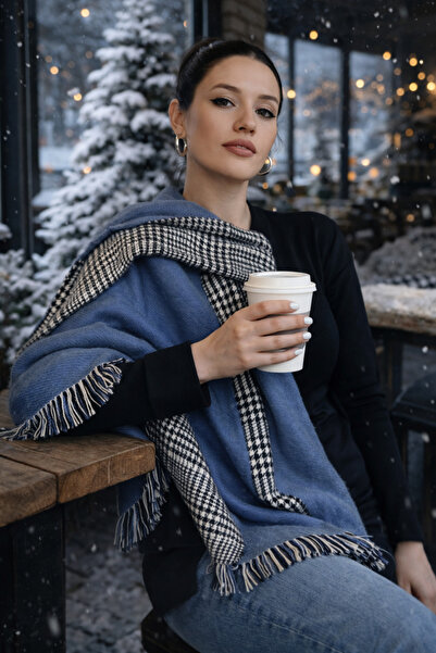 asalya Çift taraflı ekose desenli kalın kışlık yün omuz şal atkı