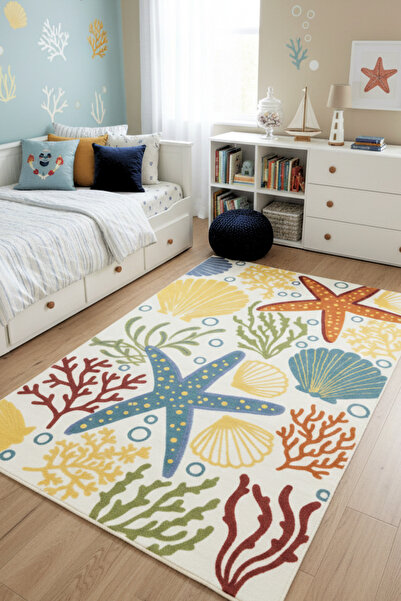 The Reef Design Renkli Deniz Yıldızı Desenli Halı Dijital Baskı Kaymaz Tabanl...