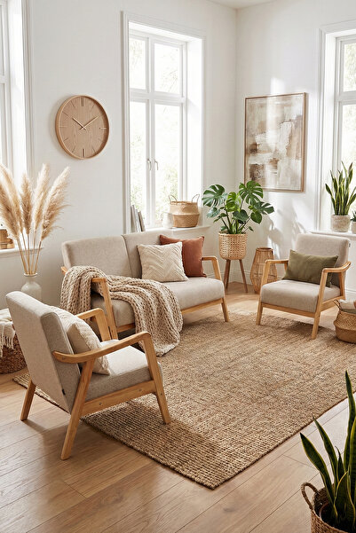 Zem Favela Bohem Çay Seti Natürel Ahşap, Sütlü Kahve (1 ADET İKİLİ BERJER 2 A...