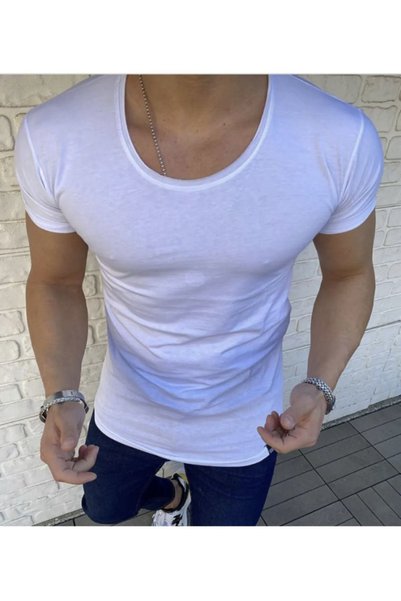 BYBÜLENT Men's 2 Pack Oval Collar Black White T-shirt Open Collar Lycra Slim Fit T-shirt