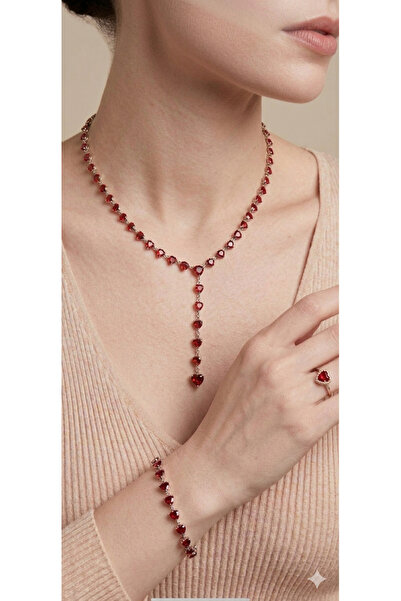 bijoux uniques Kırmızı zirkon taşlı y kolye&bileklik&yüzük seti