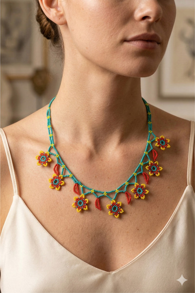 PETEK AKSESUAR BONCUK OYA EL YAPIMI ÇİÇEK ETNİK KOLYE