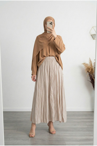 MİHRA STORE Nalan Ζαρωμένο Ύφασμα Φούστα Kraş-BY5001 Stone
