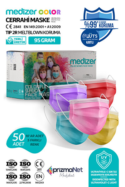 Medizer Color Serisi Meltblown Burun Telli 3 Katlı Cerrahi Maske - 50 Adet