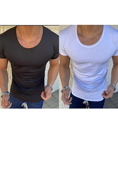 Men's 2-Pack Oval Neck Black White T-Shirt Open Neck Lycra Slim Fit T-shirt