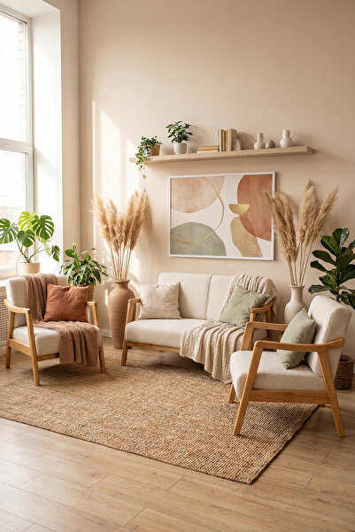 Zem Favela Bohem Çay Seti Natürel Ahşap, Kırık Beyaz (1 ADET IKİLİ BERJER 2 A...