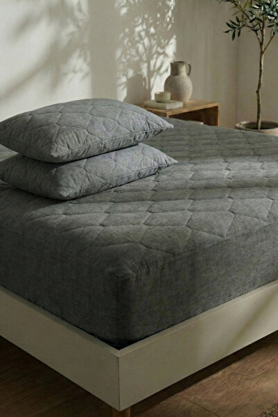 Nart Home Yatak ve Yastık Alezi Seti Pamuklu Kapitone Fitted Full Kenar Yatak Koruyucu Gri