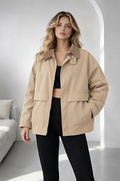 EA LİNE Taş Regular Fit Kadife Yaka ve Çıtçıt Detaylı Unisex Mevsimlik Mont&C...