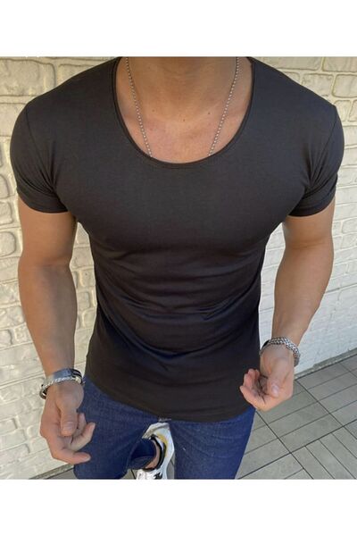BYBÜLENT Men's 3 Pack Oval Collar Black White Dark Gray T-shirt Open Collar Lycra Slim Fit T-shirt