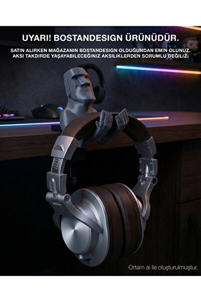 BostanDesign Moai Figürlü Masa Kenarı Kulaklık Standı 5–48 mm Masa Uyumlu Ürünü