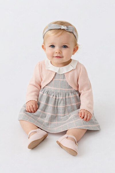 İNDİGO KIZ BEBEK PEMBE GRİ EKOSE, BOLEROLU BANDANALI ELBİSE 23149