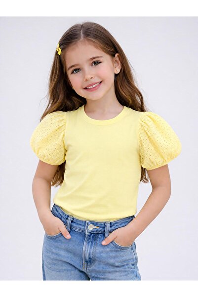 Civil Girls Tricou pentru fetiță cu mâneci bufante din dantelă, 6-9 ani - Gal...