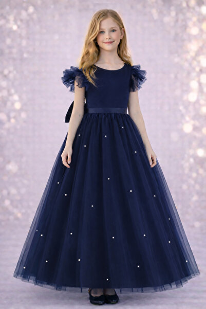 MadyaButik Devojčica, tamnoplava haljina Naborano / haljina sa naboranim ruka...