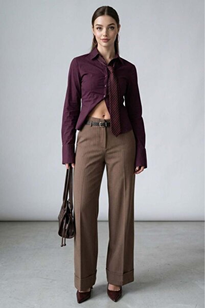 Madmext Pantaloni Mink cu dungi cu picior larg și talie normală, pachet de cu...