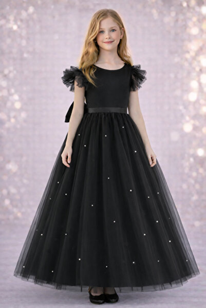 MadyaButik Kız Çocuk Siyah Büzgülü/Fırfırlı Kol Uzun İncili Mezuniyet Elbise