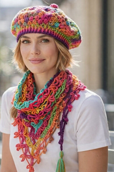 MEGA Örgü Motifli Bohem Batik Ressam Beresi & Boyunluk Şal Takımı