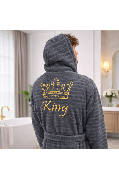 DM Velrobe Home Collectıon Battal Boy Pamuklu kapusonlu KİNG NAKIŞLI yetiskin Bornoz