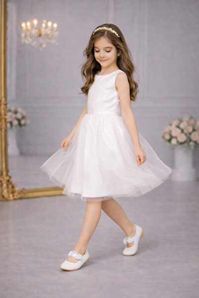 nsmkidslife Fata Copil Alb Simplu Elegant Satin Rochie Aniversare Absolventa ...