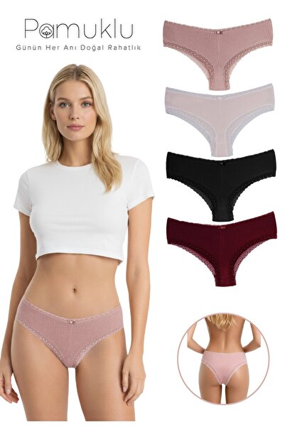 Dominant Pamuklu 4'lü Paket Dantel Detaylı Fitilli Pamuklu Brazilian Külot Seti